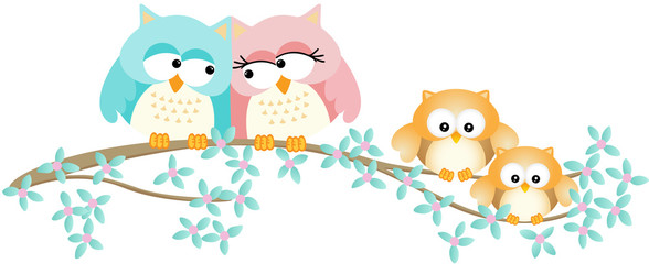 Wall Mural - Cute owl family on spring tree branch