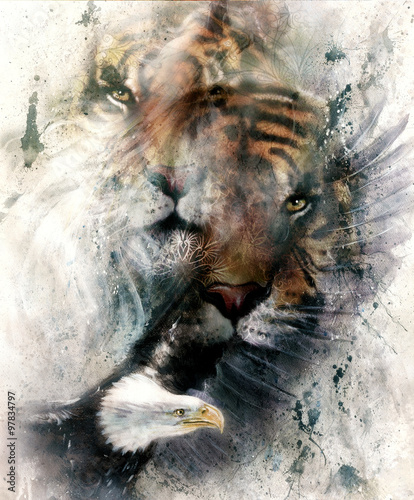 Naklejka na szafę beautiful painting of eagle and tiger on an color abstract background with ornamental pattern, with spot structures. computer collage, vintage effect. Brown, orange, black and white color.