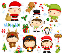 Cute Kids And Baby In Christmas Costume Vector Set