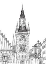 Old Town Hall, Munich, Bavaria, Germany, European City, Vector Sketch Hand Drawn Collection