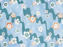 Blue Japanese Fabric Texture With Sakura Flowers And Wave Pattern