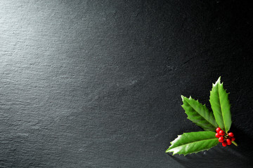 Wall Mural - holly with berries on dark stone background