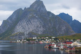 Fototapeta Góry - Beautiful super wide-angle summer aerial view of Reine, Norway, Lofoten Islands, with skyline, mountains, famous fishing village with red fishing cabins, Moskenesoya, Nordland