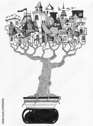 Simple Black On White Drawing Bonsai City Castle In A Tree Buy This Stock Illustration And Explore Similar Illustrations At Adobe Stock Adobe Stock