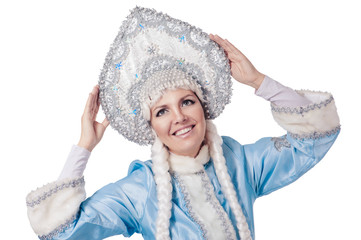 smiling snow maiden isolated on a white