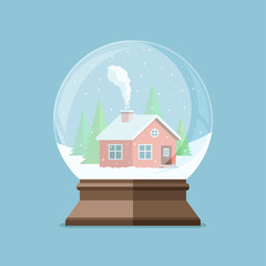 Christmas snow globe with house in the forest inside. Flat vecto