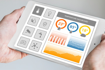 Aufkleber - Smart home dashboard in order to control home appliances. Hand holding modern tablet with dashboard displaying charts.