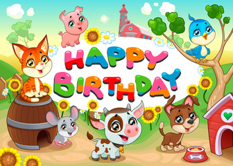 Wall Mural - Happy Birthday card with farm animals