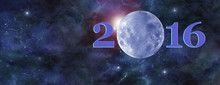Once In A Blue Moon 2016 Website Header - Deep Space Banner With A Beautiful Blue Moon Making Up The Zero In 2016 And Plenty Of Copy Space On Left Side