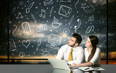 Wall Mural - Business couple with social media symbols