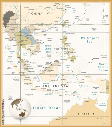 Cuadros en Lienzo Southeast Asia Detailed Map Retro Colors