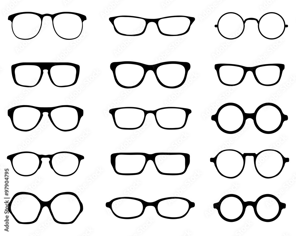 Black silhouettes of fifteen different eyeglasses, vector - obrazy, fototapety, plakaty 