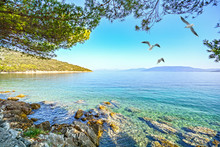 Cres Island, Croatia: View From The Beach Promenade To The Adriatic Sea Near Village Valun