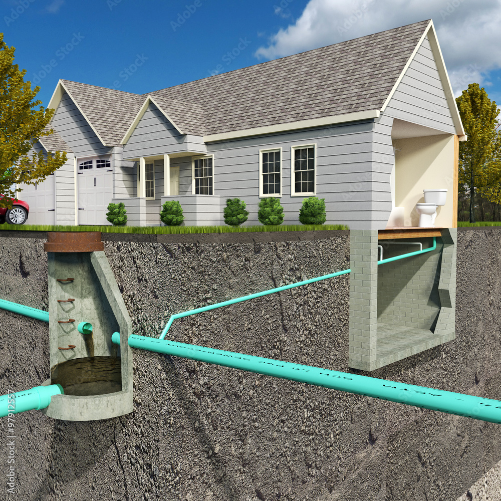 A schematic section-view illustration of a contemporary Sanitary Sewer System depicting a residential connection to a public sanitary structure. - obrazy, fototapety, plakaty 
