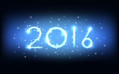 Wall Mural - happy new year 2016 in fireworks style and glitter on dark blue background (vector)