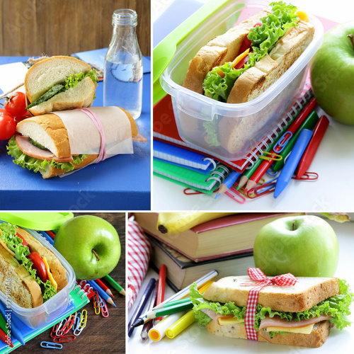 Fototapeta na wymiar collage of various healthy school lunch
