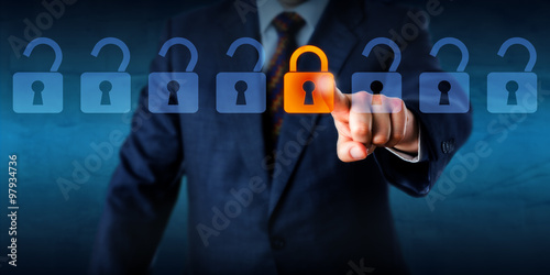 Fotografia, Obraz Locking A Virtual Lock In A Lineup Of Open Locks
