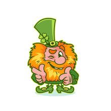 Winking Leprechaun In Green Costume.