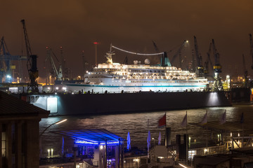 Wall Mural - hamburg harbor cranes with ship in construction germany at night