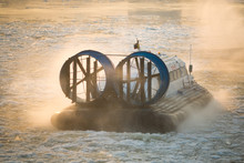 Russian ACV Hovercraft In Action On A Frosen River. Air Cushion 