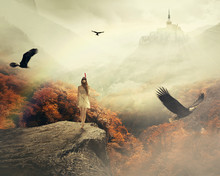 Young Woman Walking In Her Dreams Enjoying Beautiful Autumn Mountain Landscape