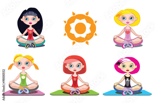 Young Girls Do Yoga Vector Illustration Set Of 5 Cute Girls