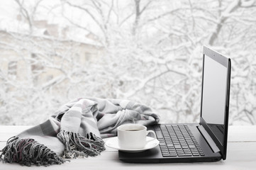 Wall Mural - Laptop and coffee on winter window