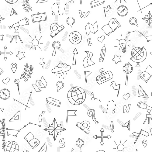 Seamless pattern with hand drawn signs on the theme of geography and travel, bla Obraz na płótnie