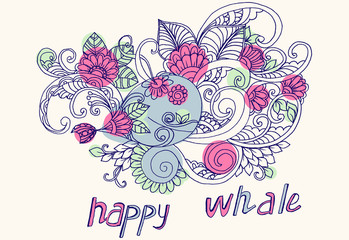 Poster - Happy whale with floral pattern