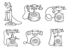 Vintage Isolated Rotary Dial Telephones Sketches
