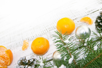 Wall Mural - Composition with mandarins and Christmas tree on white rustic wo