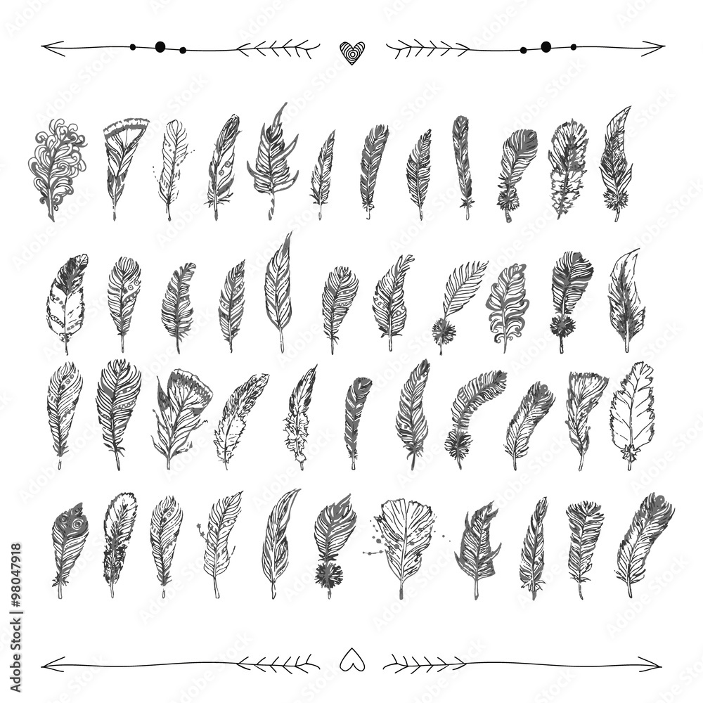 Decorative hand drawn doodle feathers with hearts and arrows - obrazy, fototapety, plakaty 