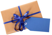 Plain Brown Paper Package Or Parcel, Blue Gift Tag Or Label