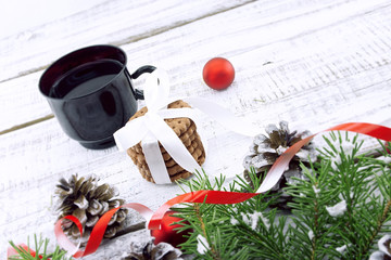 Wall Mural - Composition with decorated Christmas tree, cup with coffee