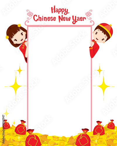 Boy And Girl On Banner Traditional Celebration China Happy
