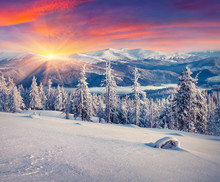 Colorful Winter Sunrise In The Mountains.