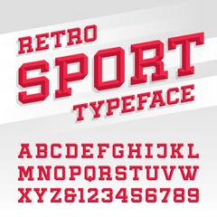 Poster - Beveled alphabet vector font. Retro sport style typeface for labels, titles, posters or sportswear transfers. Type letters, numbers and symbols on the bright background. 