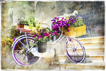 Wall Mural - charming streets decoration - floral bike, artwork in painting style