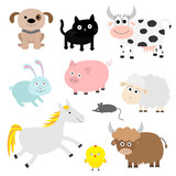 Fototapeta  - Farm animal set. Dog, cat, cow, rabbit, pig, ship, mouse, horse, chiken, bull. Baby background. Flat design style.