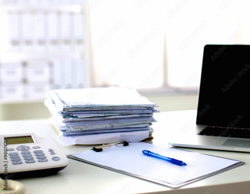 office desk a stack of computer paper reports work forms Stock Photo ...