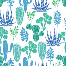 Succulents Cacti Plant Vector Seamless Pattern. Botanical Blue And Green Desert Flora Fabric Print. Home Garden Cartoon Cactuses For Wallpaper, Curtain, Tablecloth.