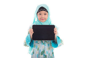 Wall Mural - Asian muslim girl holding tablet