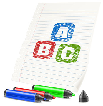 Color marker and letters symbol on paper sheet, 