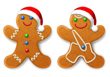 A Set Of Christmas Gingerbread Man In A Santa Hat, Decorated With Icing, Isolated On White