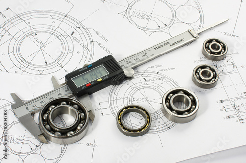 Fotografie, Obraz Bearing and caliper on the mechanical engineering drawing