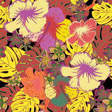 Floral Seamless Pattern With Hand Drawn Flowers And Leafs.