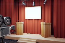 Blank White Poster In Conference Hall With Tribune And Vintage C