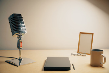 Poster - Radio microphone with diary, cup of coffe and blank picture fram