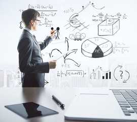 Poster - Businessman drawing business scheme on the window in office