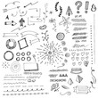 Hand drawn sketch doodles, including plant life, punctuation marks, arrows, hearts, sunbursts, circles, decorative border edges, empty banners, swirls, pyramids, and whimsical lines and scribbles